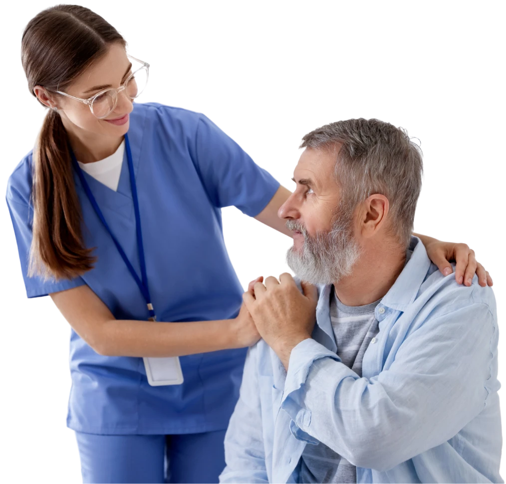 A home healthcare professional reassuring a patient during a care consultation while discussing insurance and payment options in Alexandria City, VA.