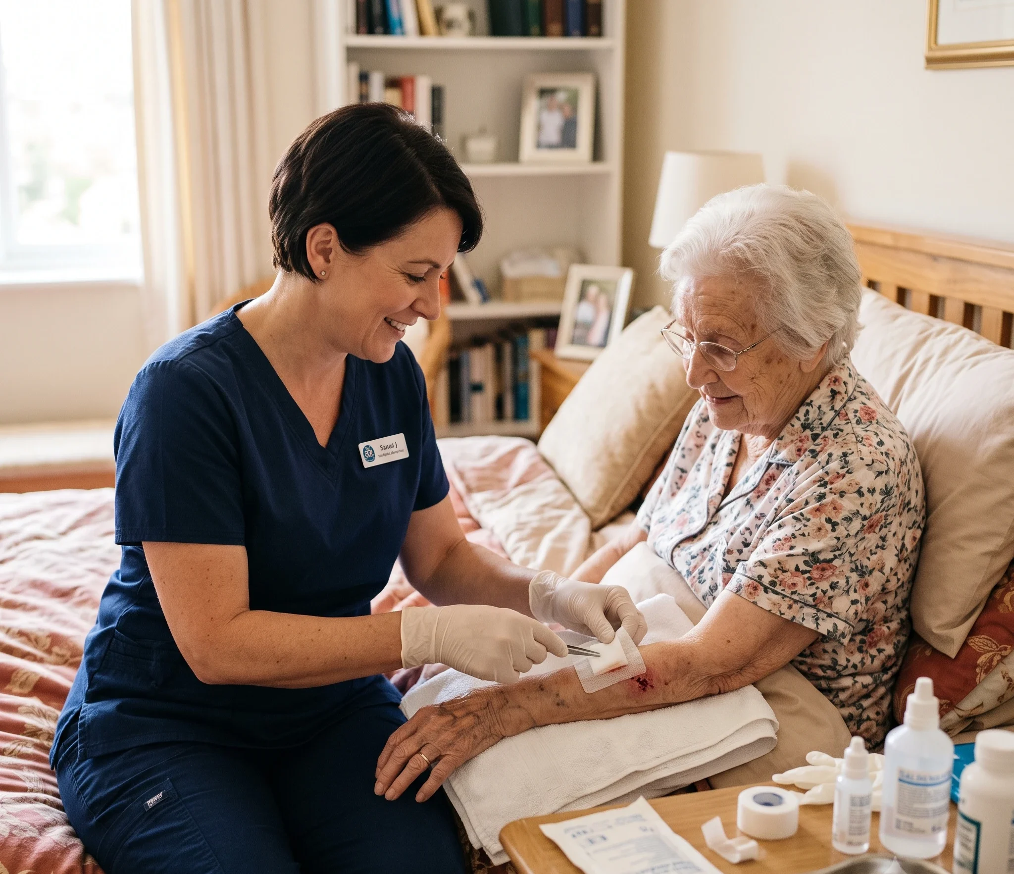 A compassionate healthcare professional performing wound care treatment for a senior patient in Alexandria City, VA.